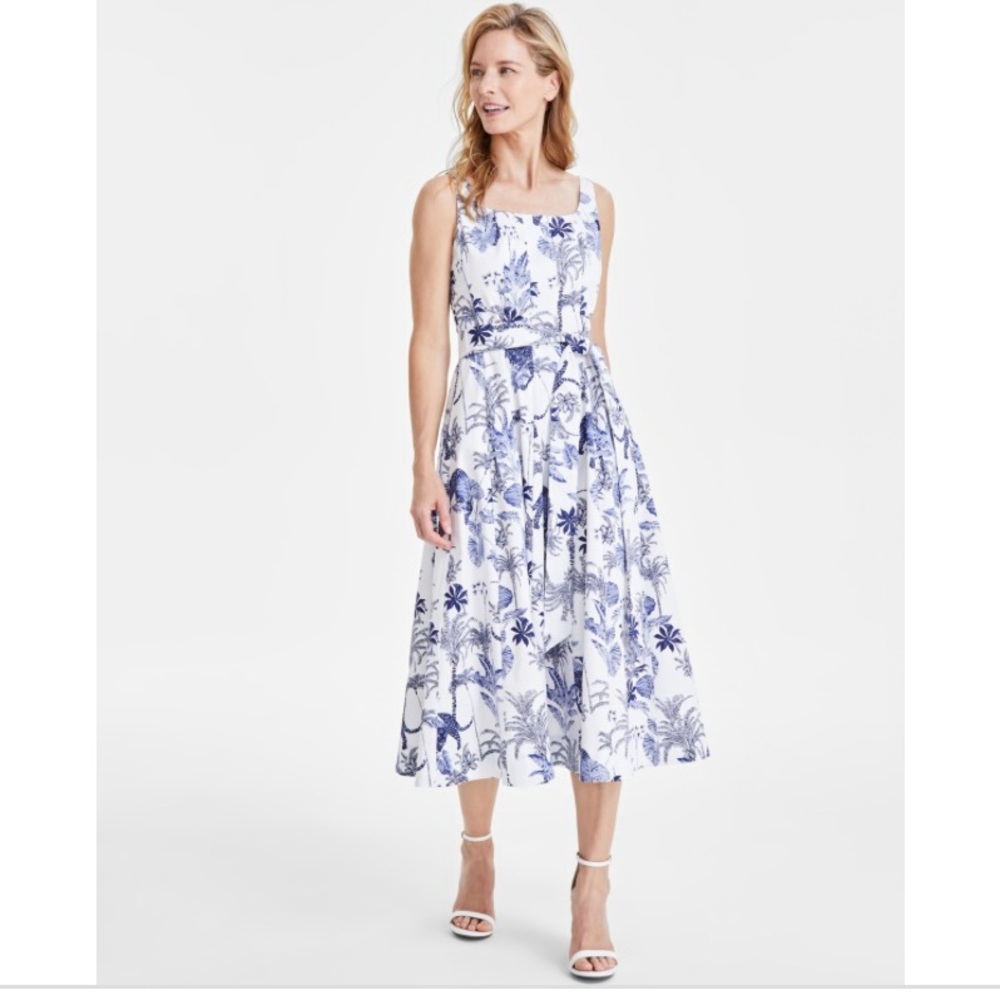 Anne Klein Blue and White Fit N Flare Midi Dress - Picture 2 of 4